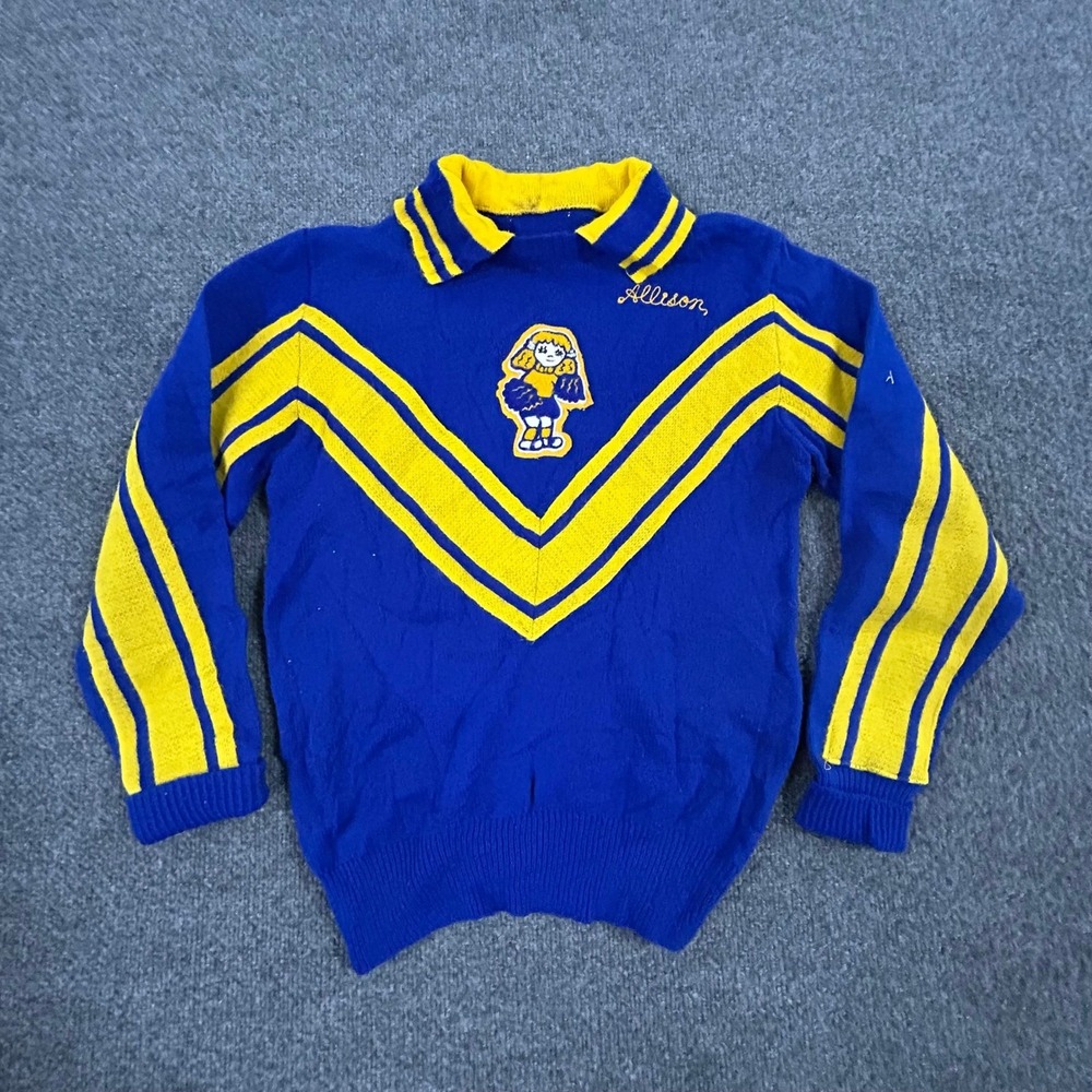 Alleson Sweater Womens Size S Blue Yellow Chevron Cheerleader Varsity Knit Top